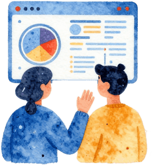 Illustration of a team reviewing a dashboard