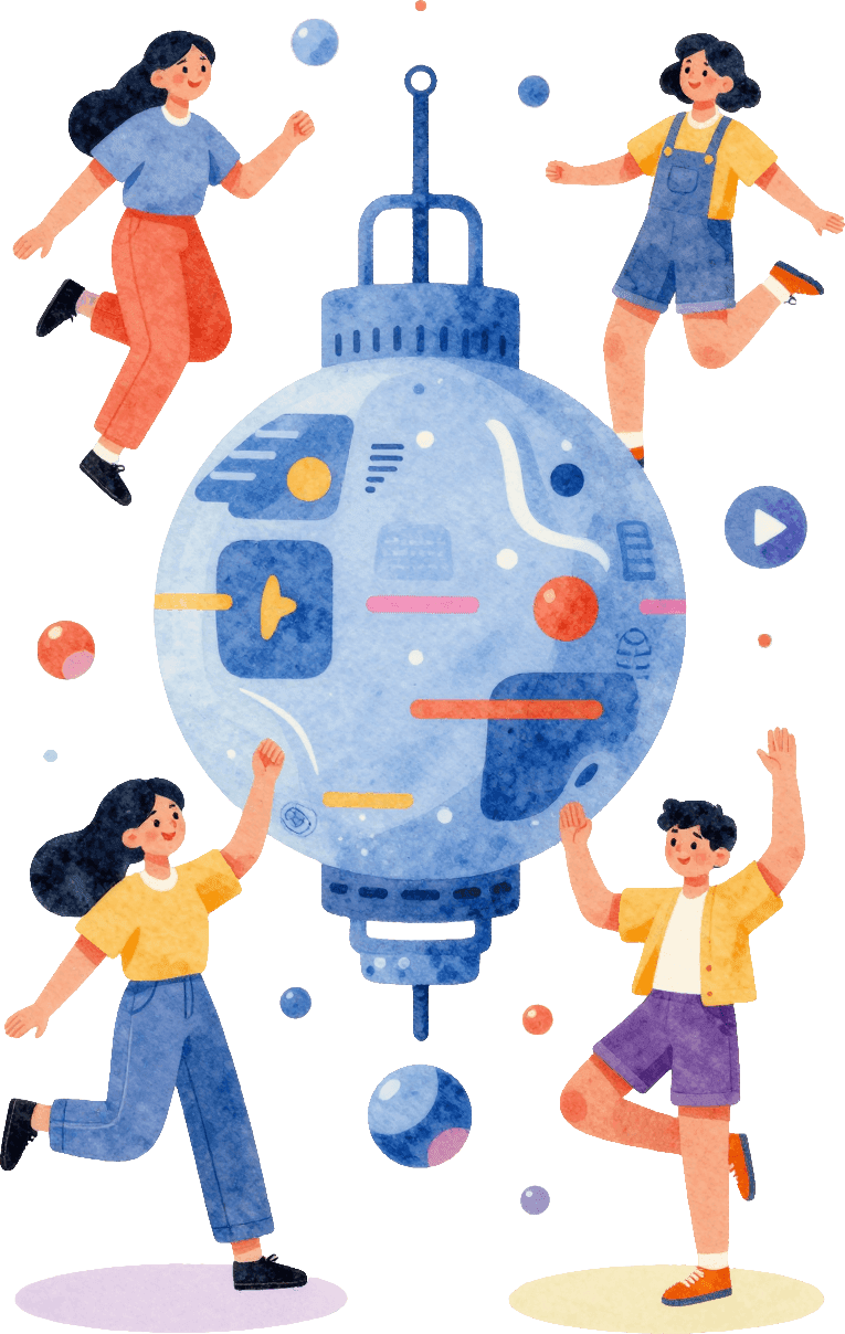 Illustration of teammates around a shared AI context orb